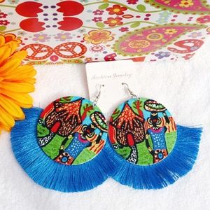 Large Boho Village Earrings Wood Fan Tassel
